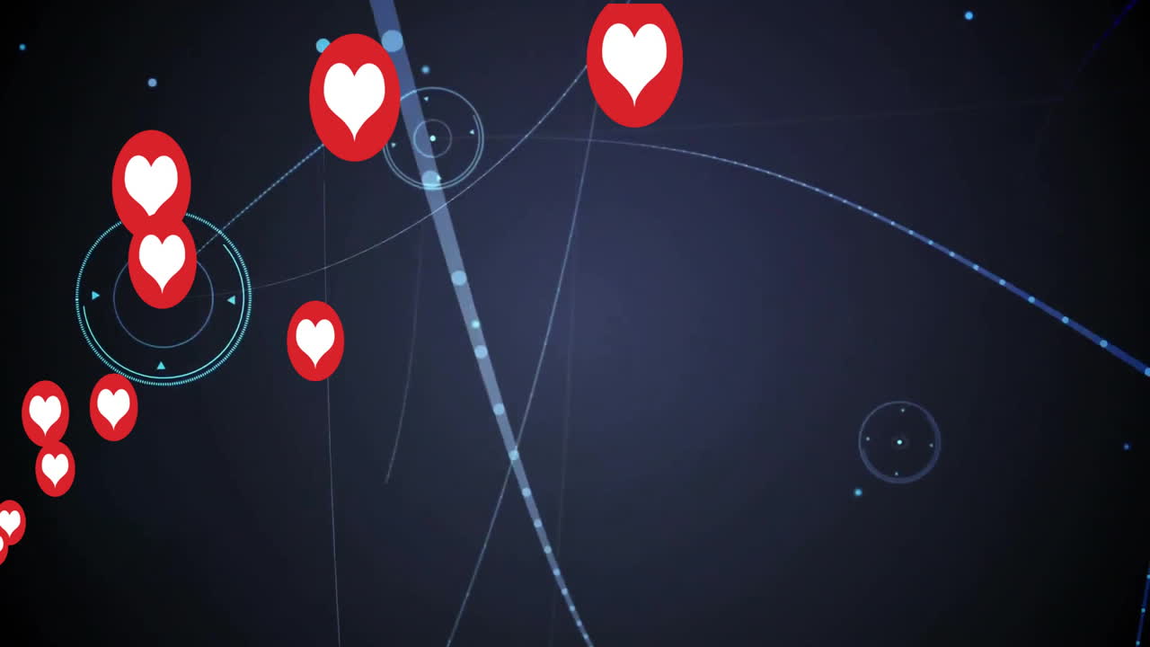 Animation of red heart icons floating over digital network lines on dark background