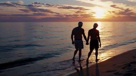 elderly couple holding hands on the beach at sunset