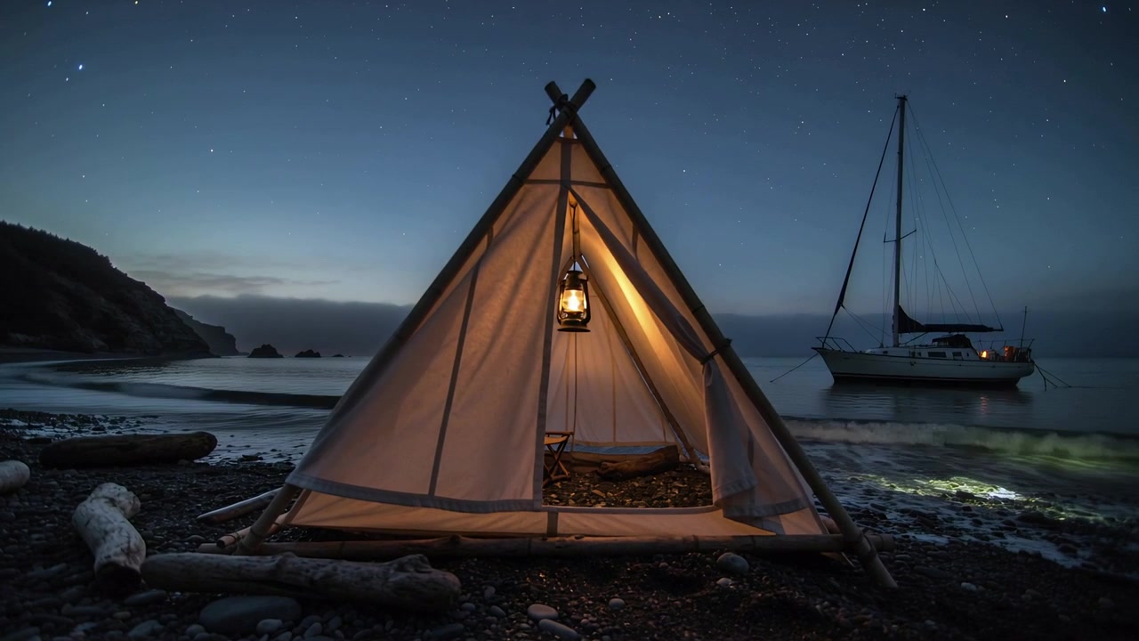 Crepuscolo che si fa più intenso rivelando una tenda tepee illuminata su una spiaggia di ciottoli, lanterna tremolante, barca a vela alla deriva