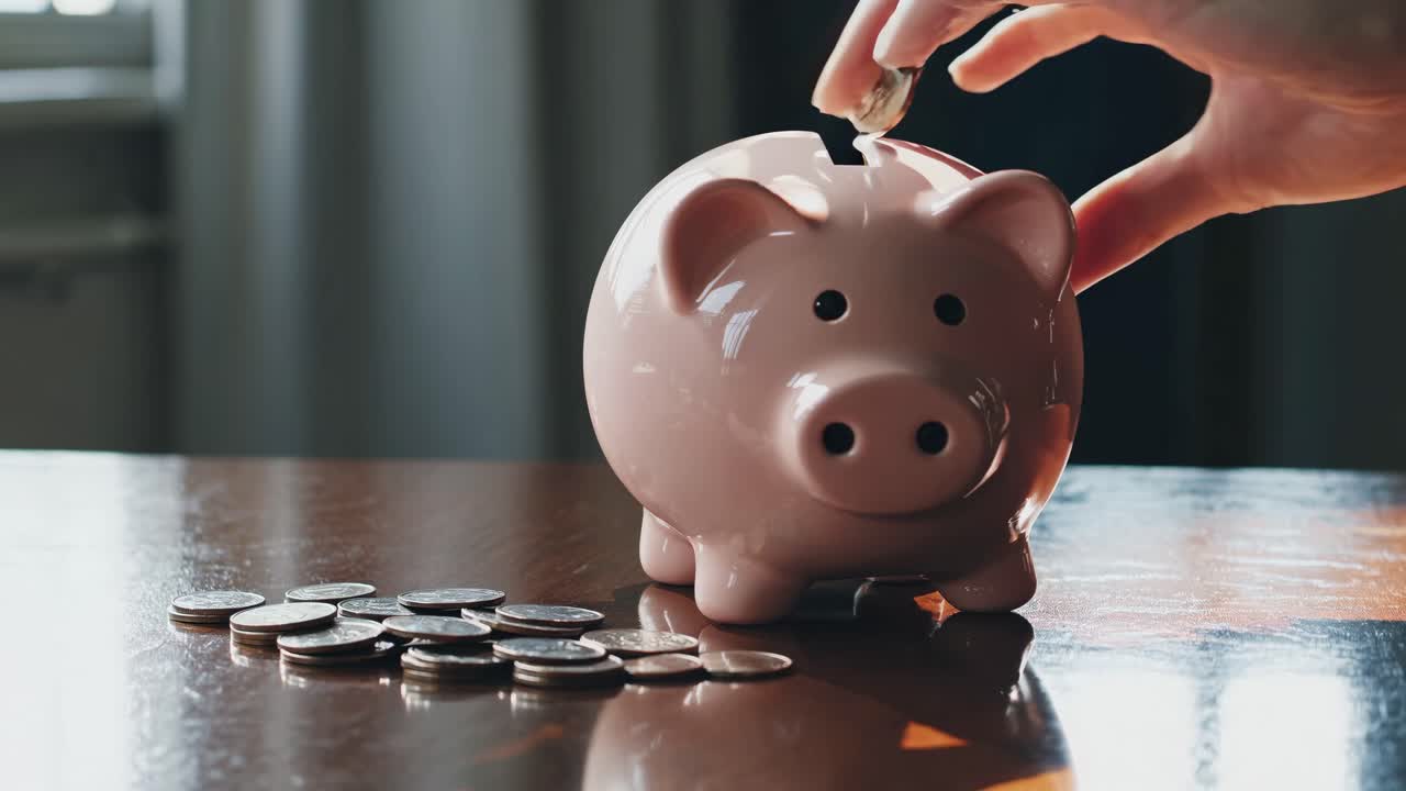 Close-up video of a hand placing a coin into a pink piggy bank on a wooden table, shot from a side