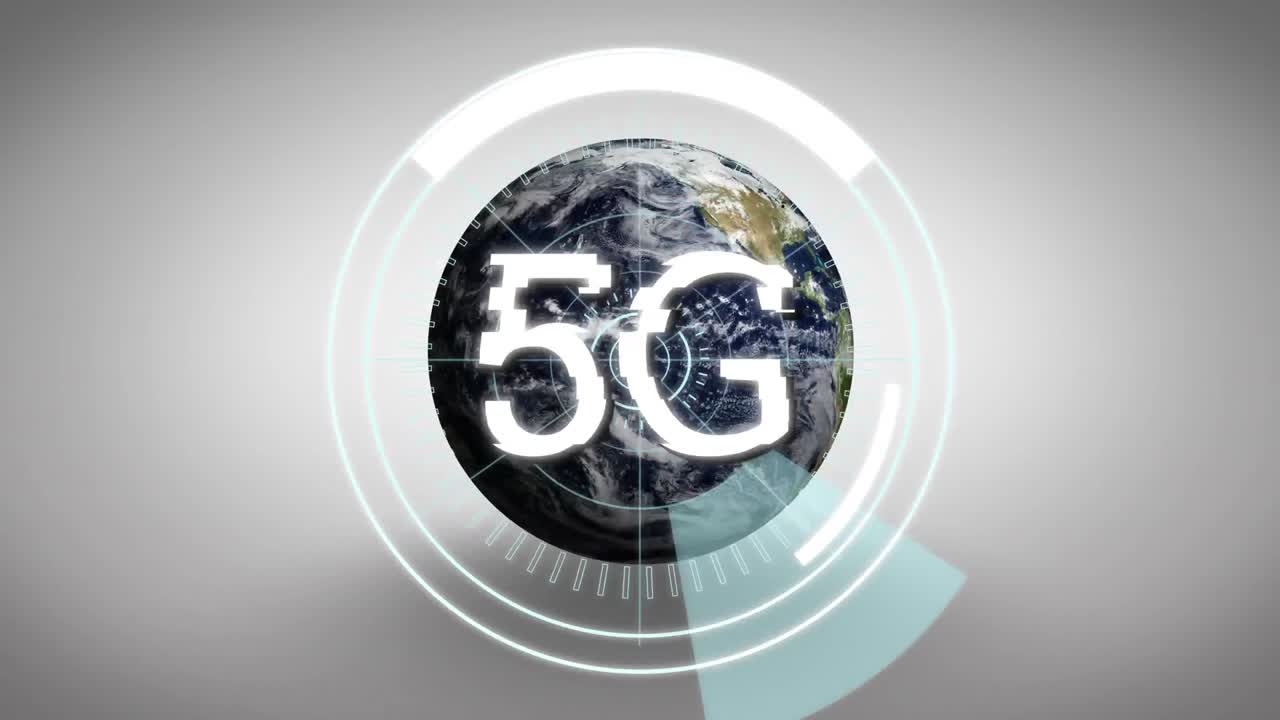 animazione di testo 5g e scansione di portata su tutto il globo