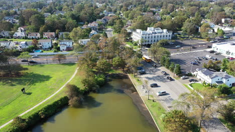 an aerial drone shot over a green pond in a suburban neighborhood on long island, ny