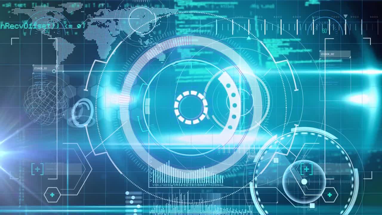 범위 스캐닝의 애니메이션, 파란색 배경의 세계 지도와 함께 데이터 처리