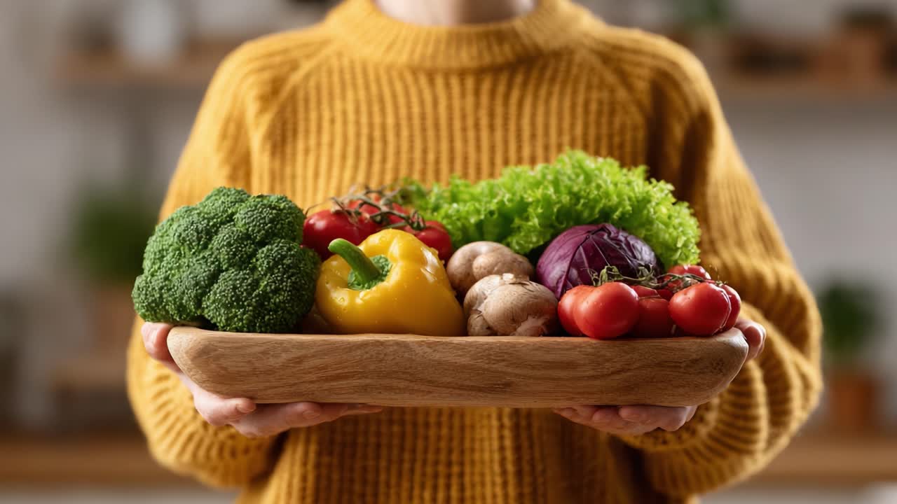A Vibrant Display of Fresh Vegetables Highlighting Healthy Eating Choices in a Cozy Kitchen Setting with an Emphasis on Colorful Produce Variety