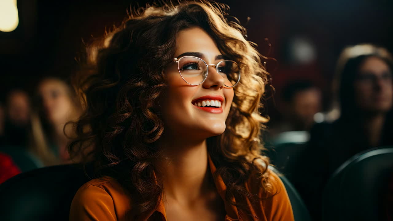 Excitement of a lively movie night event. A woman with curly hair and glasses is joyfully laughing while watching a film with a lively audience around her