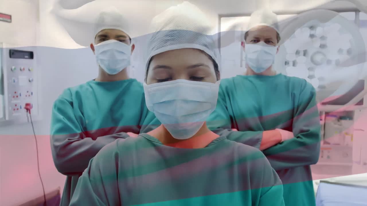 수술실에서 외과 의사 들 위 에 흔들리는 러시아 국기 의 애니메이션