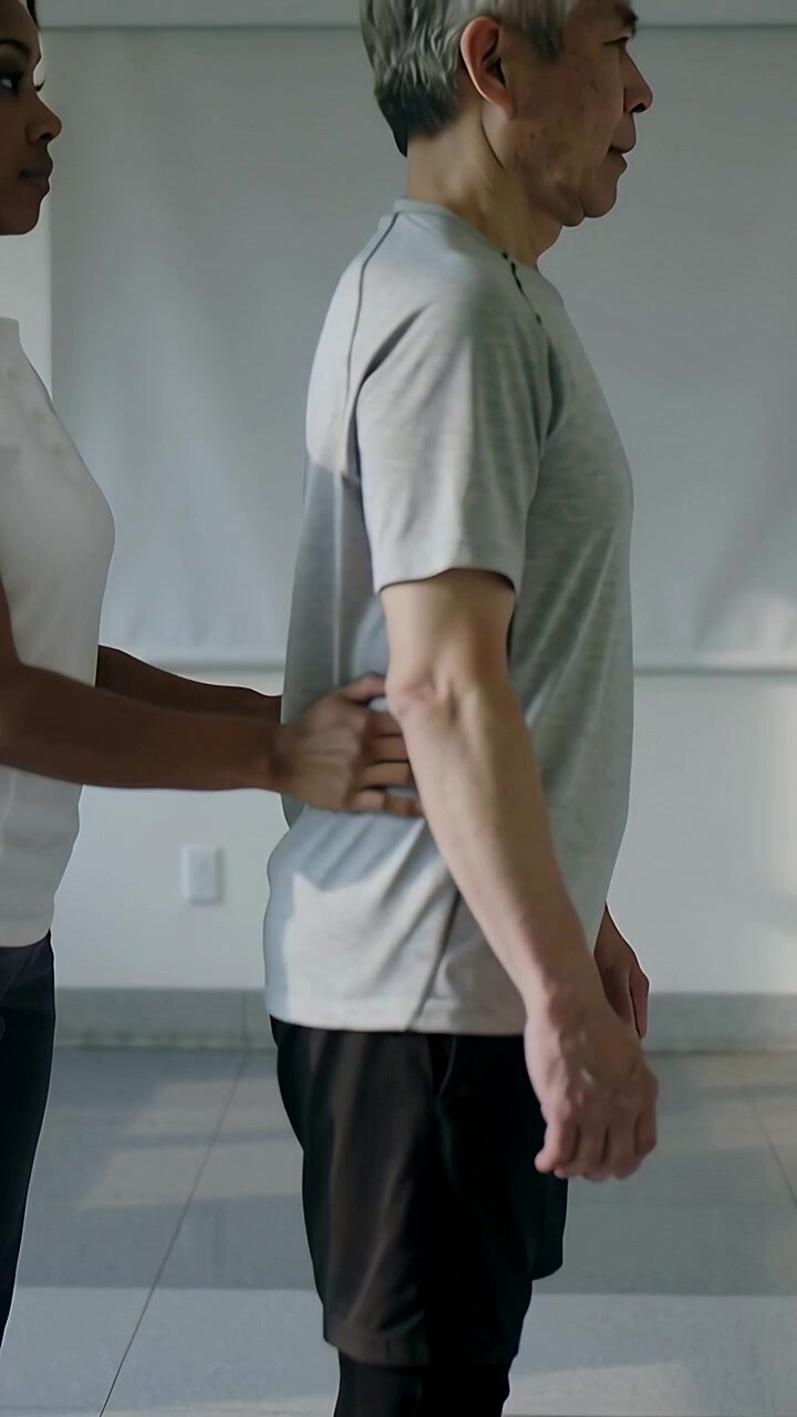 Vertical video: Placing hands trainer in white top guiding senior man in grey tee upright in clinic