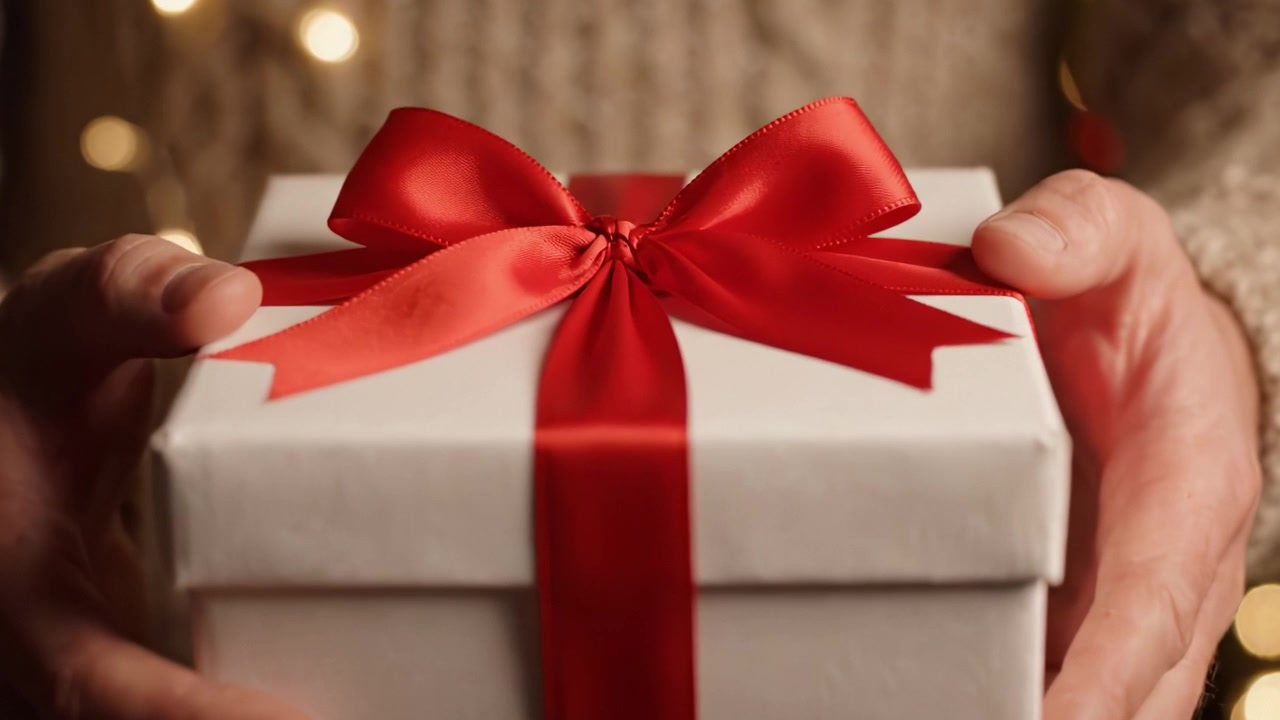 A Person Holding a Beautifully Wrapped Gift Box with a Red Ribbon, Surrounded by Soft Holiday Lights, Perfect for Celebrating Special Occasions and Creating Joyful Memories.