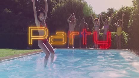 animation of party text over happy diverse friends at pool party