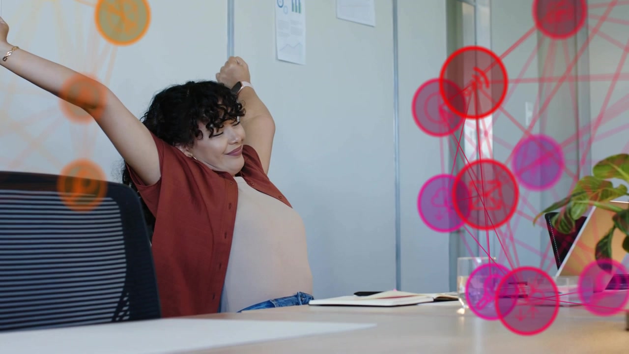 Woman stretching, checking smartwatch for office meeting while network graphics appear over laptop