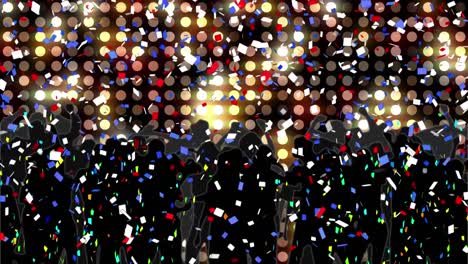 colorful confetti falling over silhouette of people dancing against yellow lights