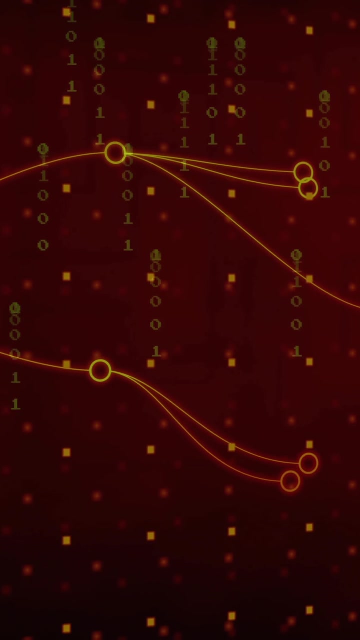 Animation of flowing red lines and nodes over digital binary code background