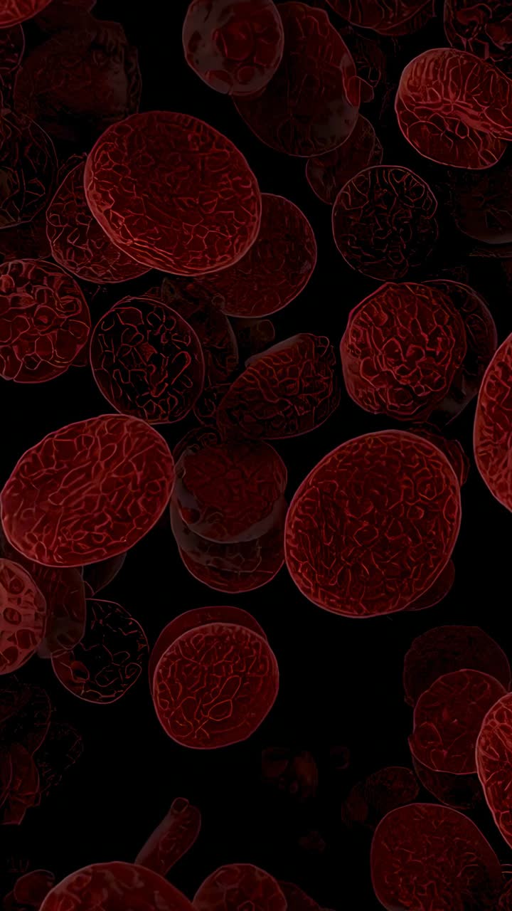 Vertical video: Starting red blood cells drifting down and rotating inside vessel simulating flow