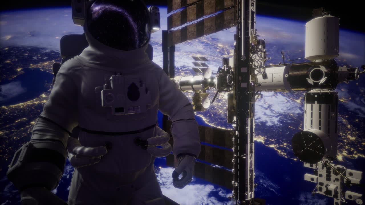 Astronauta fluttuante vicino alla stazione spaziale con la terra visibile sotto di notte