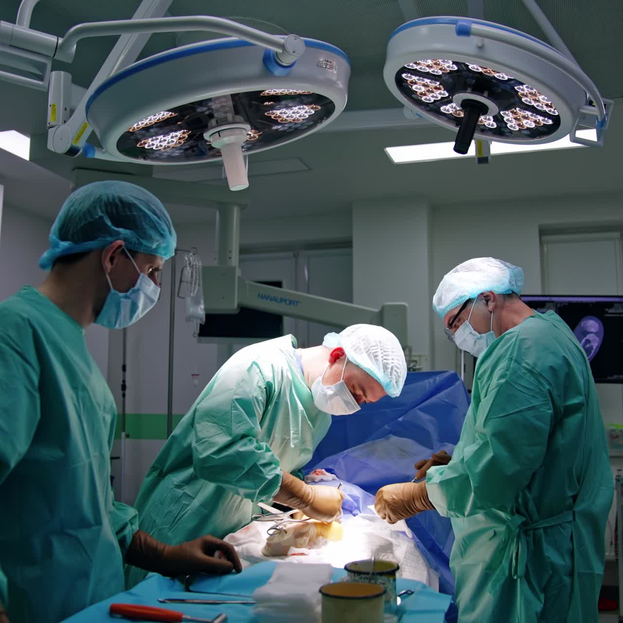 Doctors perform operation on patient's foot. Cooperating doctors apply metal tools