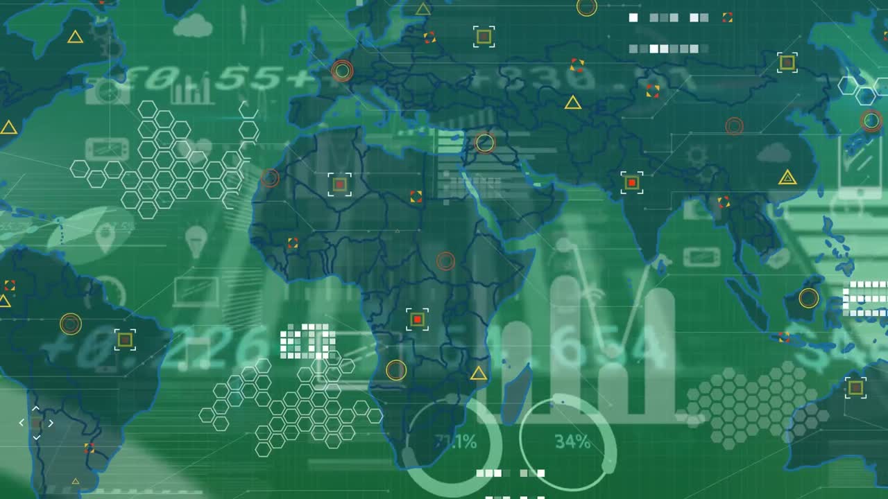 Animation of icons, circles, geometric pattern over trading board over map on abstract background