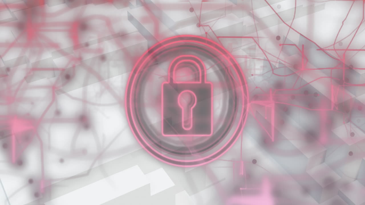 animación del icono del candado de seguridad y los senderos de luz contra formas concéntricas en 3d.