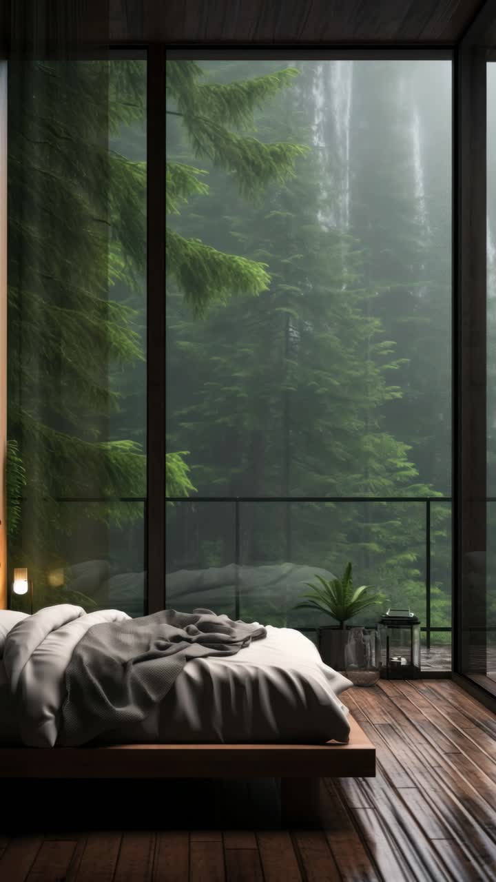 Una camera da letto serena con una finestra a tutta parete che offre una vista su una foresta nebbiosa