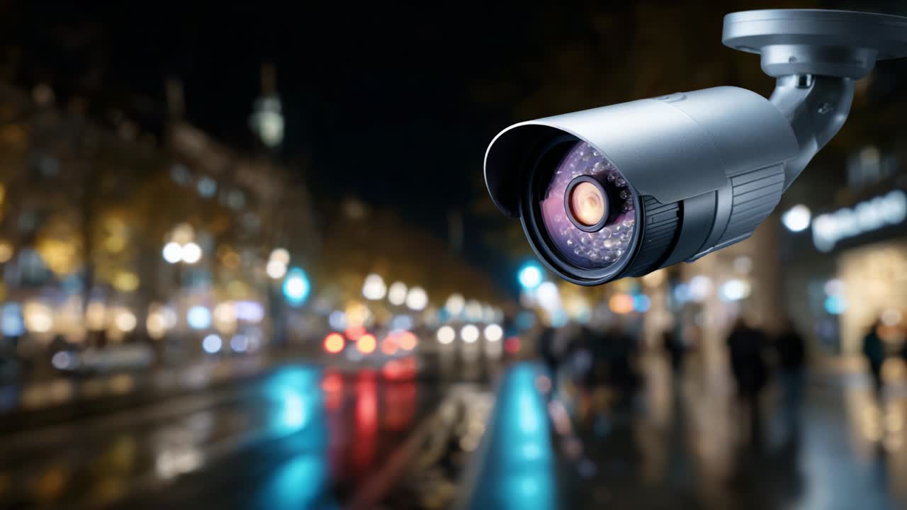 Surveillance Camera Overlooking Urban Street Scene at Night, Capturing Motion and Light Reflections from Nearby Cars and Pedestrians in a Vibrant, Well-Lit Environment Focused on Security and Monitoring