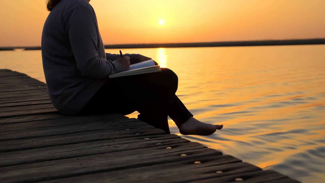 Seseorang yang duduk menulis di buku catatan terbuka di dermaga kayu lapuk di samping air senja yang tenang, dengan pantulan cahaya terang, kaki bersila, kaki telanjang, cahaya latar hangat, dan suasana pantai yang damai.