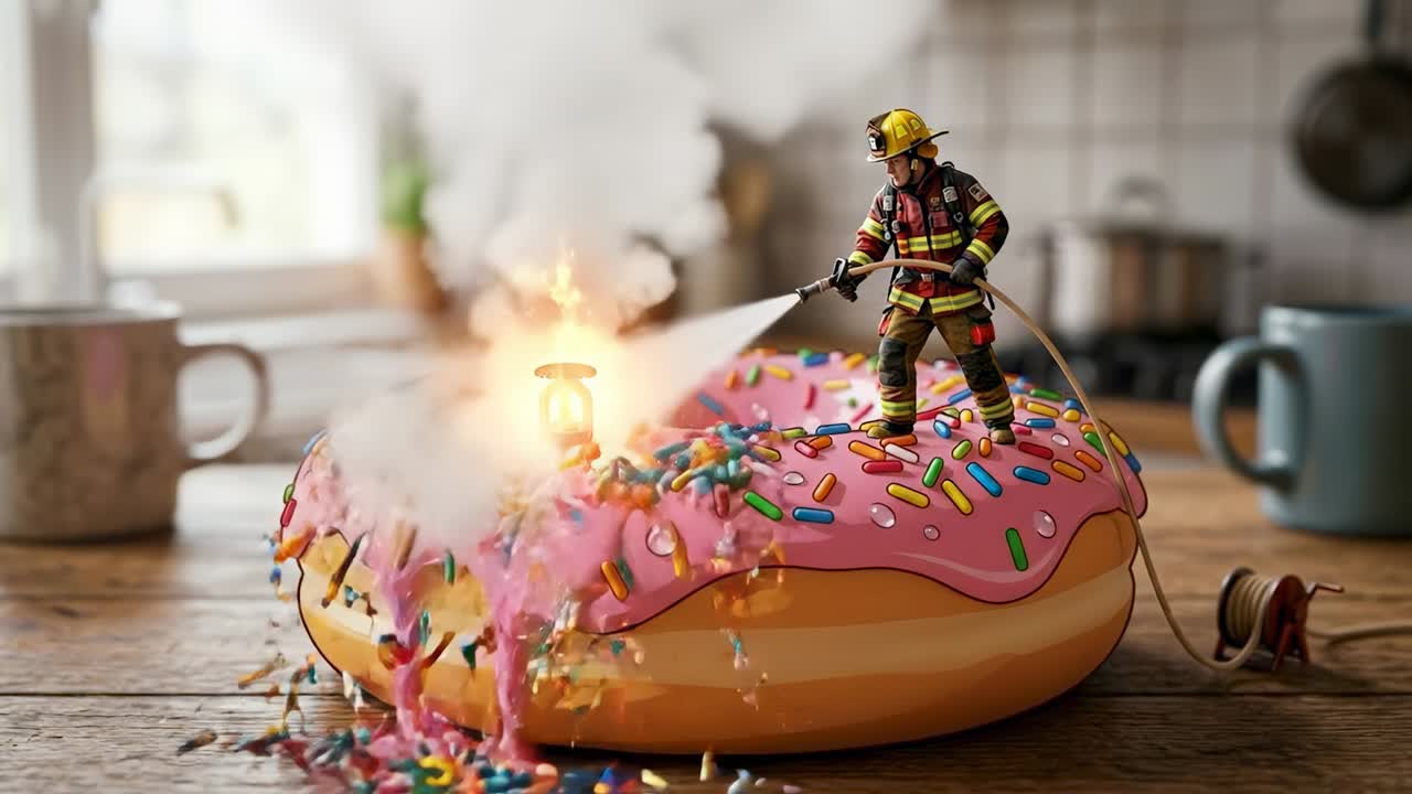 Lille brandmand slukker en lille brand på en kæmpe doughnut