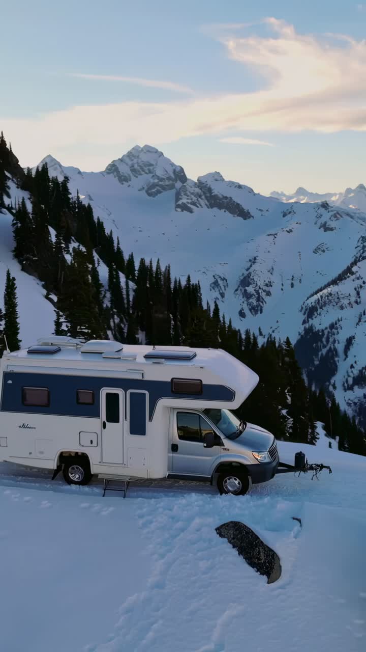 Vertical video: Recording starting camera tilting over snowfield capturing camper under sunrise