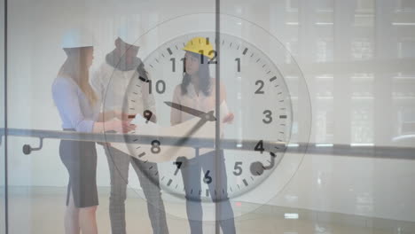 animation of clock with fast moving hands over diverse architects studying blueprints