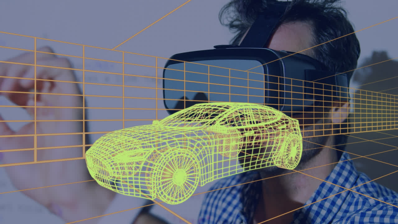 анимация цифрового 3d-рисунка машины над человеком с помощью vr-гарнитуры