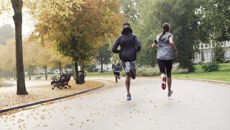 athletisches paar läuft im park und trägt tragbare technologien und verbundene geräte