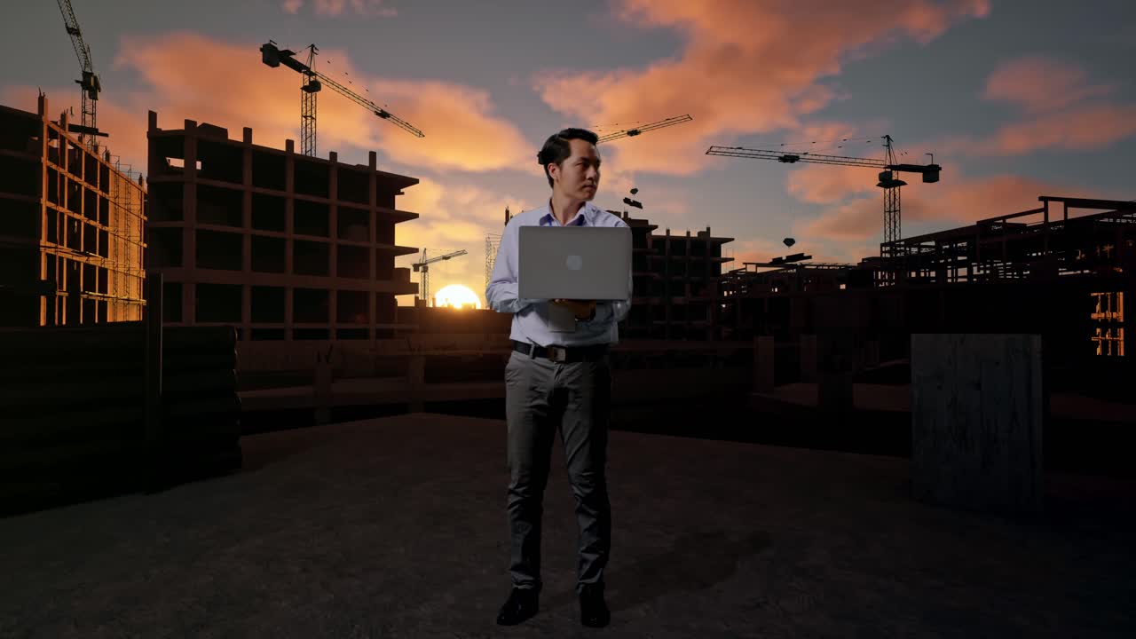 Cuerpo completo de un trabajador profesional asiático con su portátil en una obra en construcción de una nueva casa; observa mirando a su alrededor antes de concentrarse en su portátil.