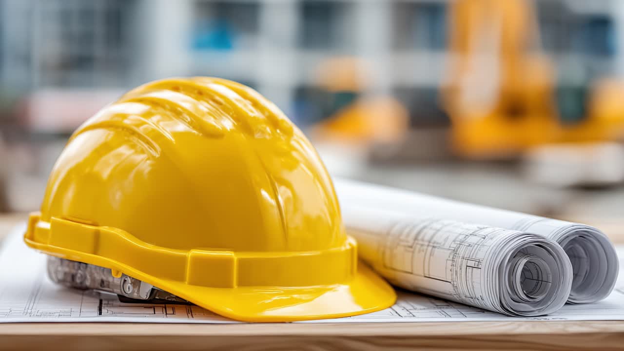 Essential Construction Tools: A Close-Up of a Yellow Hard Hat and Architectural Blueprints Highlighting the Importance of Safety and Planning in Building Projects