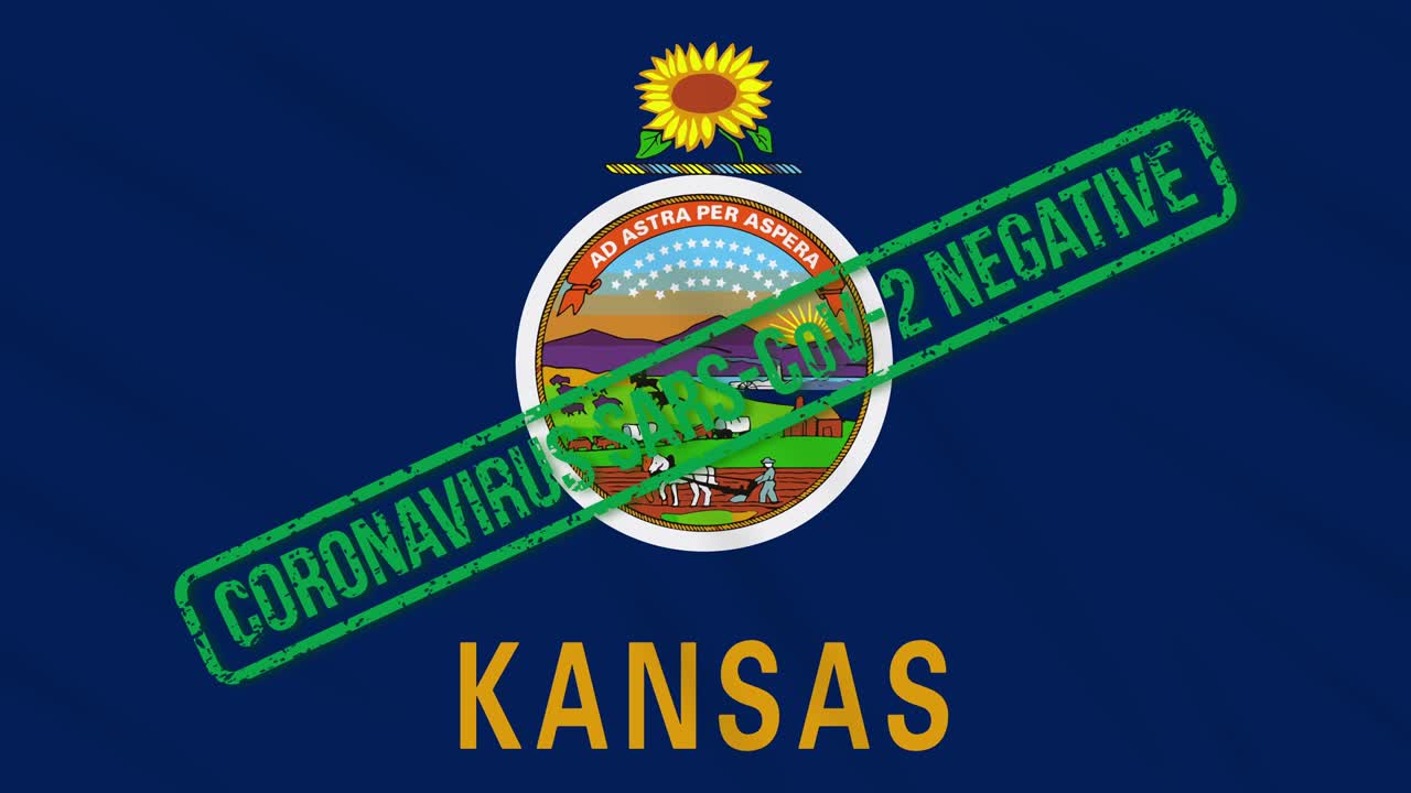 Kansas US state swaying flag with green stamp of freedom from coronavirus, loop