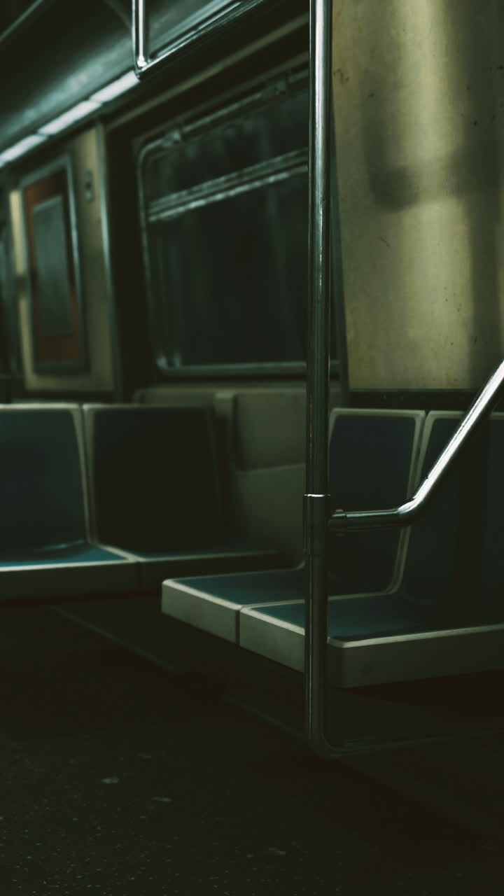 Empty subway train interior with dim lighting at night
