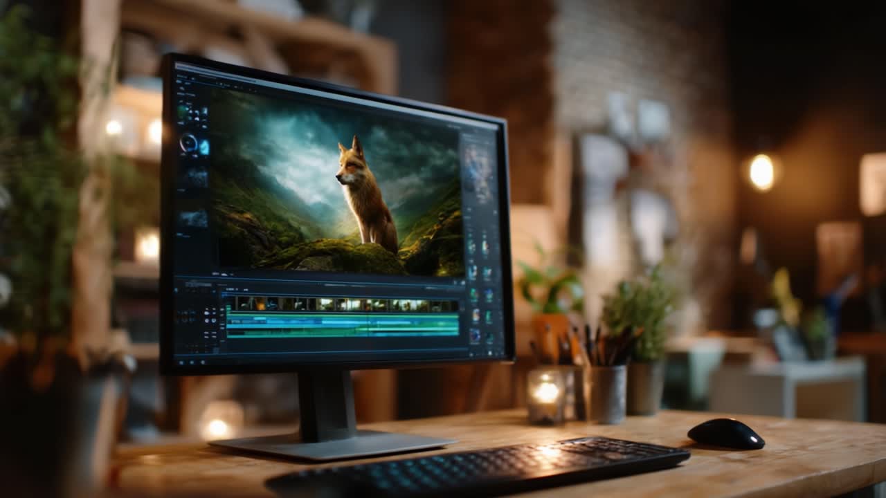 A captivating workspace scene featuring a computer displaying a lush, vibrant landscape with a majestic wolf, emphasizing creativity and inspiration in digital art