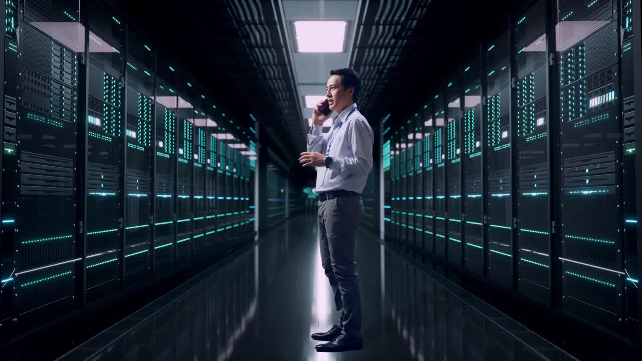 Fuldkropsbillede fra siden af en asiatisk mandlig professionel medarbejder, der står i et serverrum i et datacenter. Han taler i telefon med nogen og bevæger sin venstre hånd.