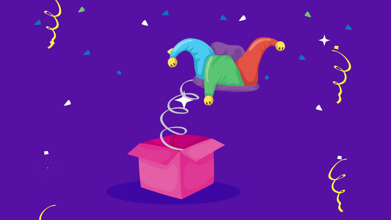 feliz tarjeta del día de los tontos con sombrero de bromista en una caja sorpresa