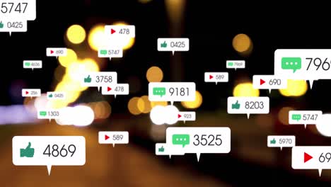 animation of social media icons and numbers over out of focus traffic lights