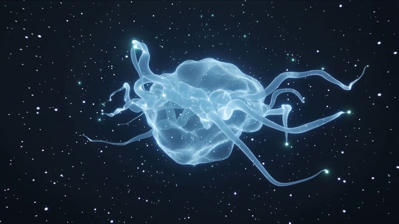 Opening frame showing glowing core unfolding ribbon tendrils with lit tips in stars