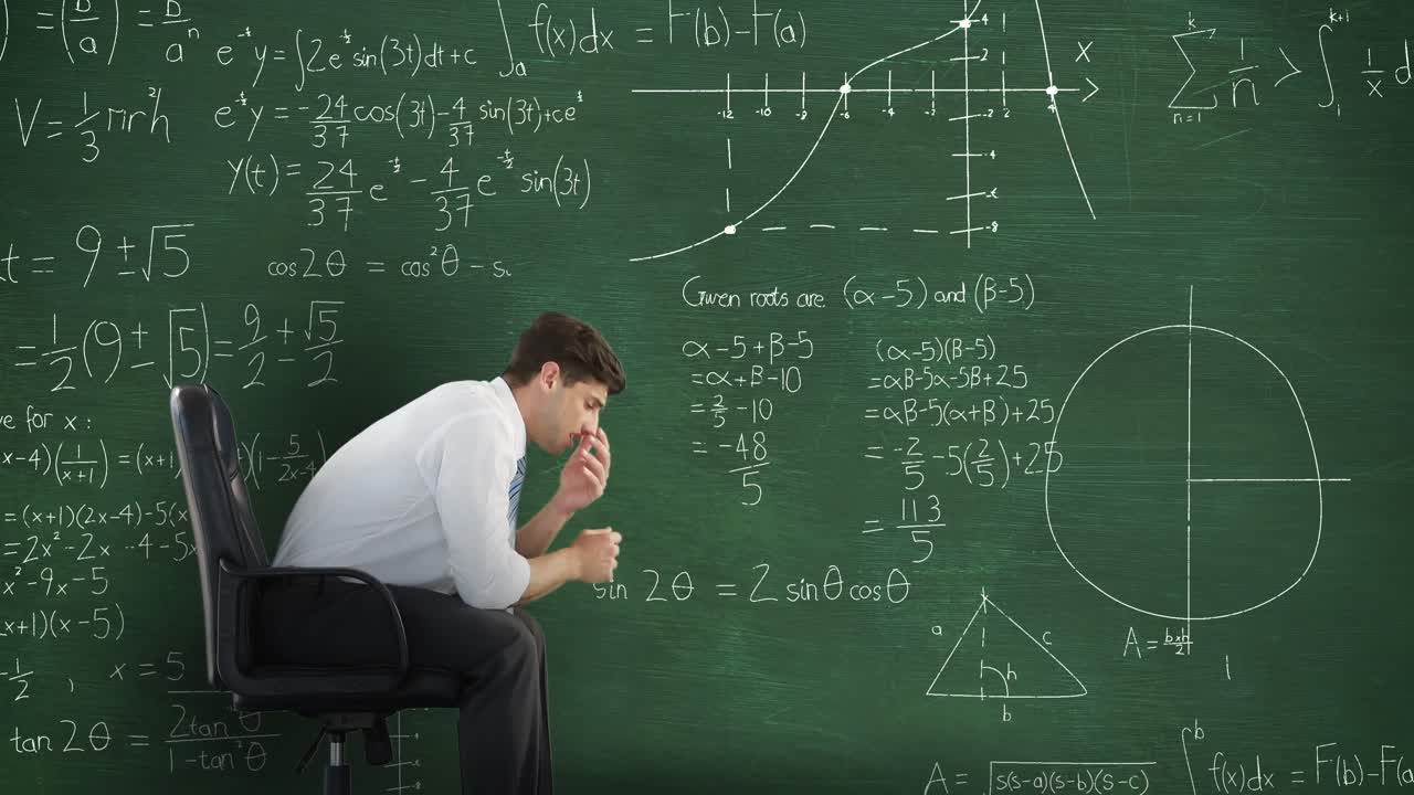 Man in front of moving maths on blackboard