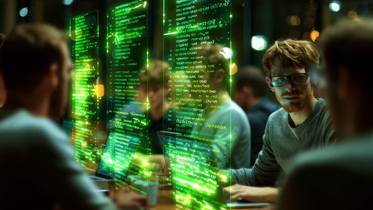A focused individual intensely analyzes complex code on multiple transparent screens, reflecting digital data in a modern workspace, surrounded by an atmosphere of innovation and technology