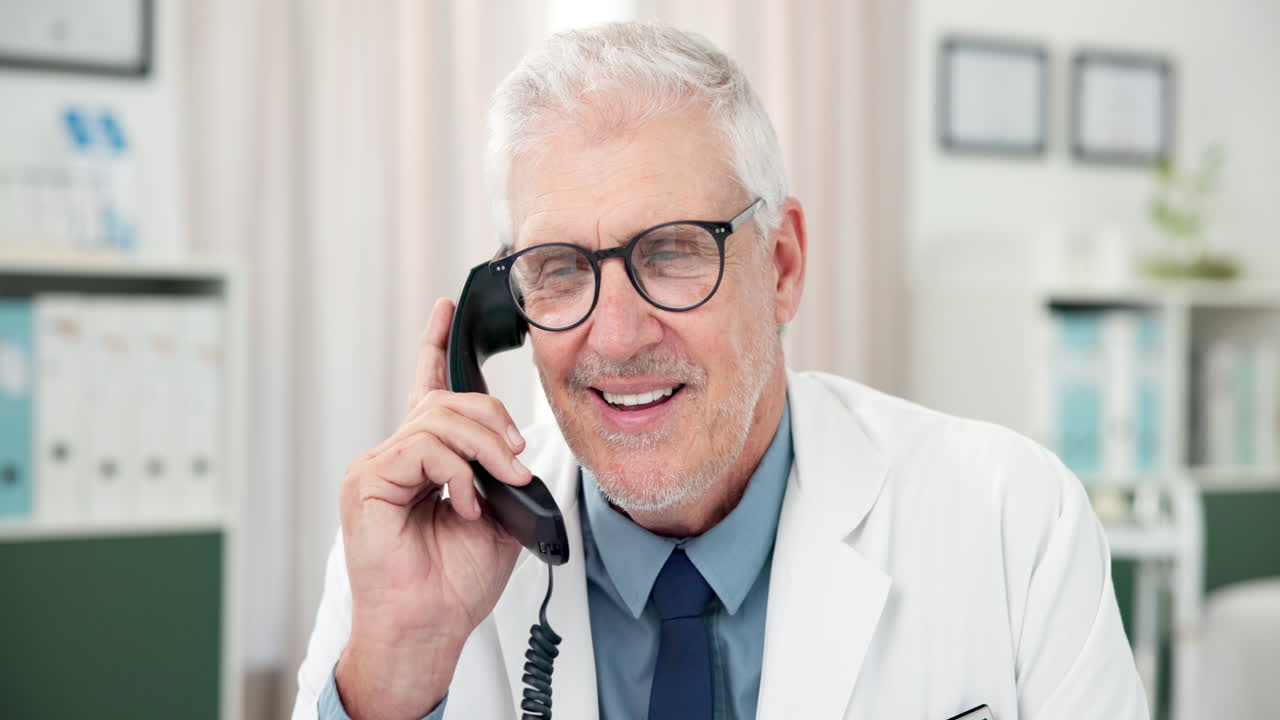 Senior Doctor Talking on Landline Phone and Smiling in Office