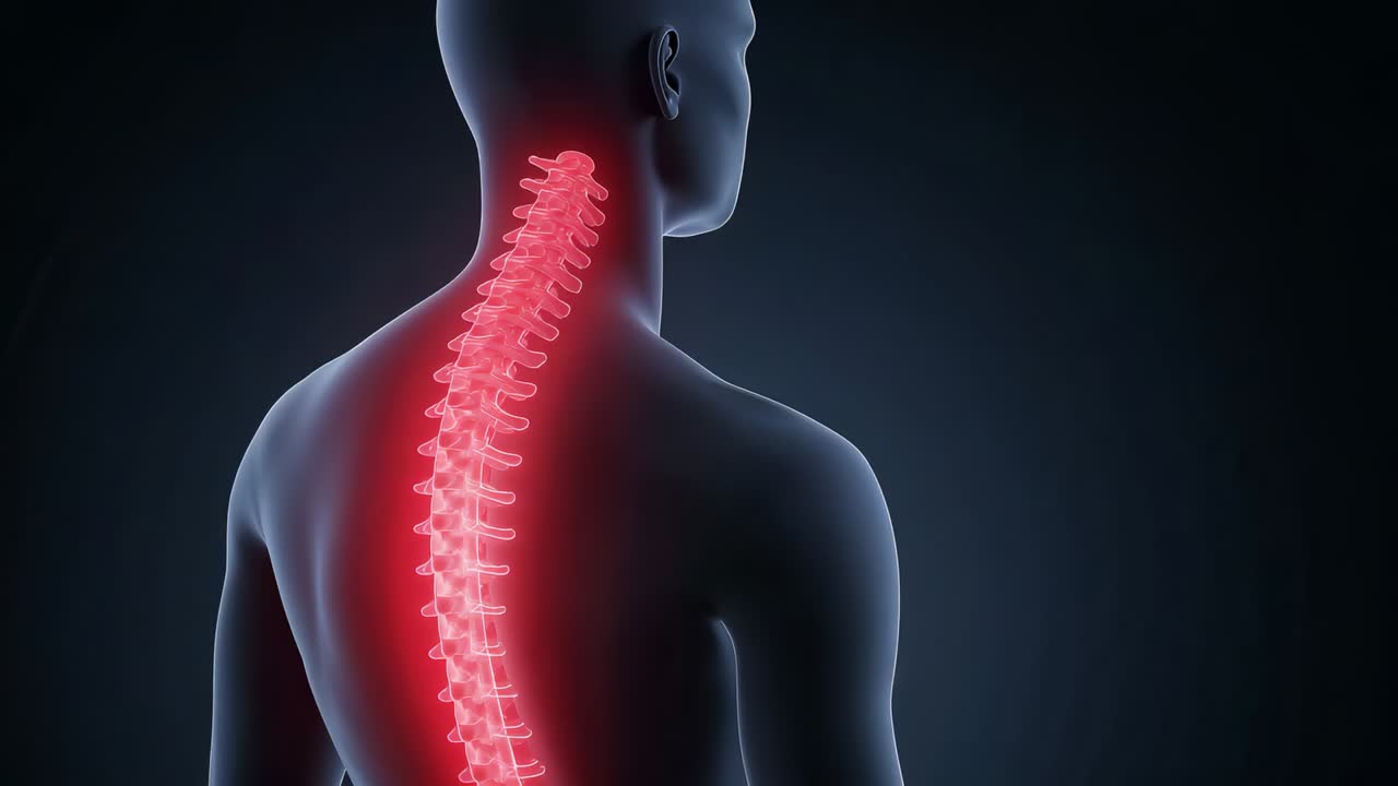 Rotating camera showing 3D model tilting head, spine pulsing red up to neck, showing inflamed area