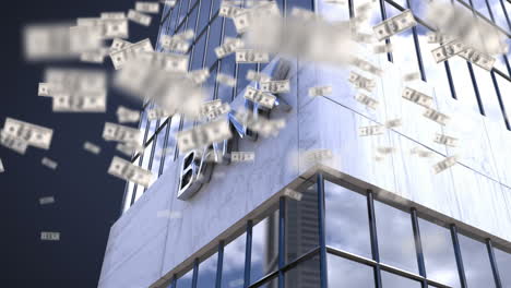 animation of american dollar bills falling over modern office building