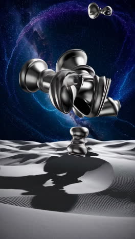 abstract chess pieces and spinning tops in a desert space landscape
