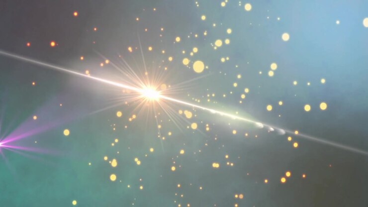 Raggio bianco che emerge dal basso a sinistra, spazzando verso l'alto attraverso sfere dorate, creando una foschia illuminata da bagliori.