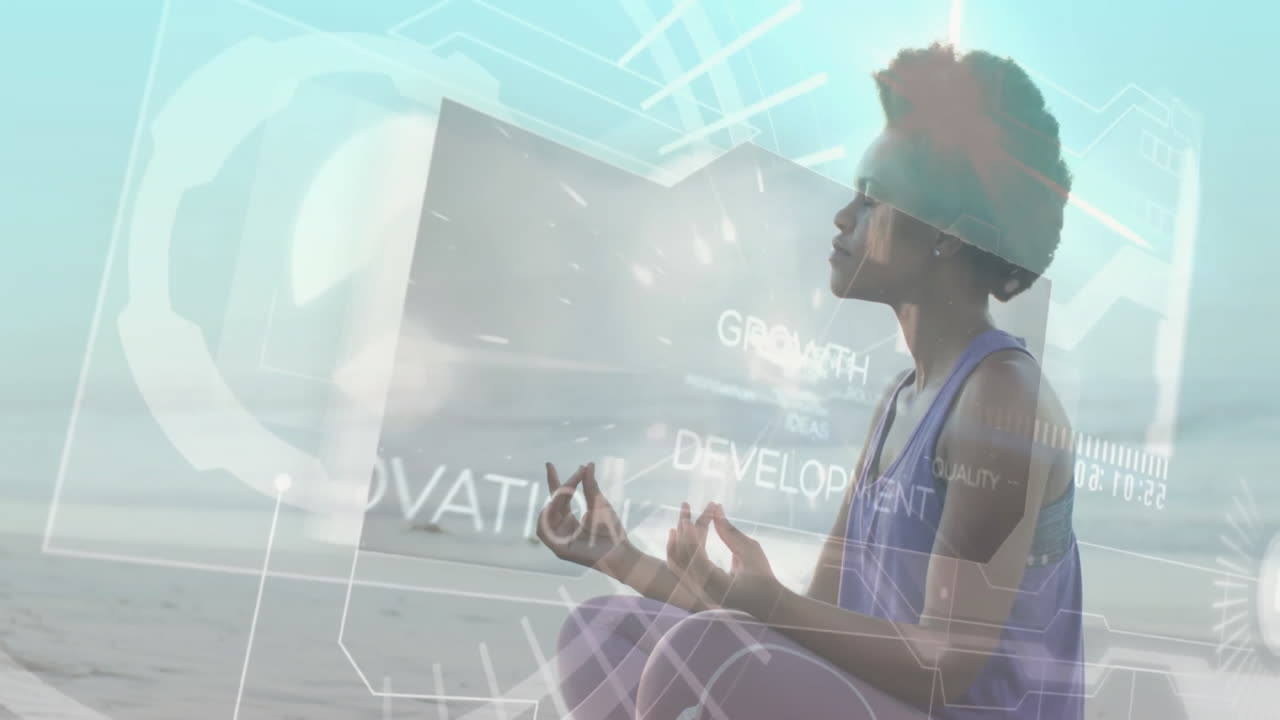 Meditating woman on beach with futuristic growth and ideas animation overlay