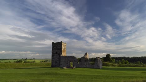 Knowlton-Church,-Dorset,-England.-Slow-pan,-morning-light