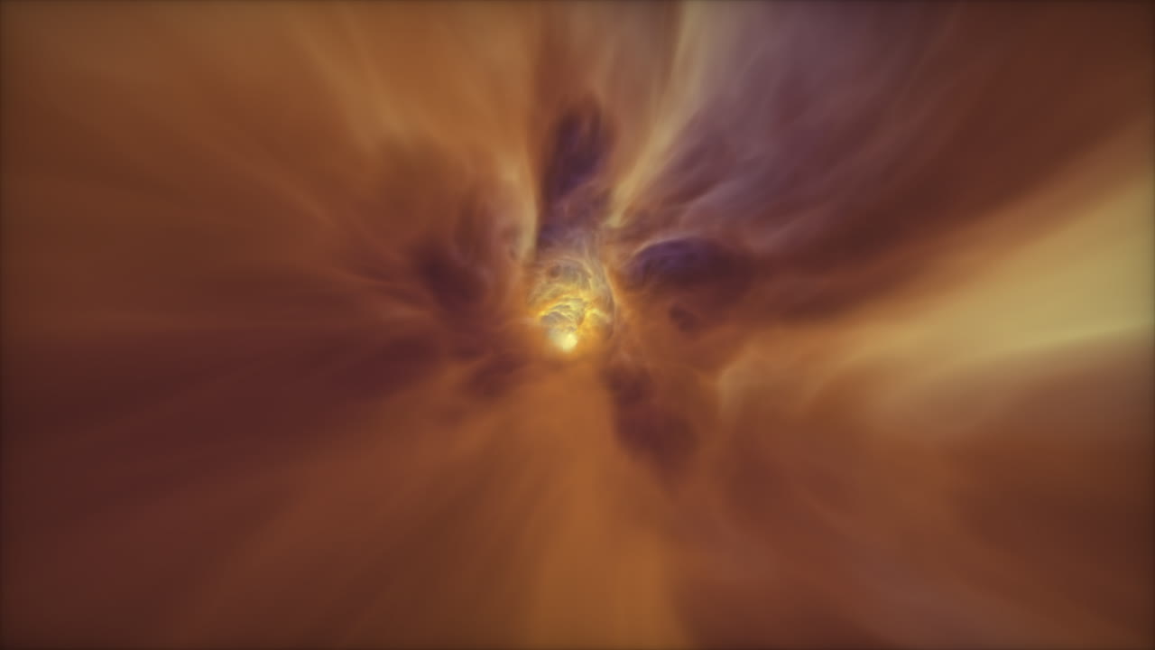 vuelo warp a hipervelocidad a través de un túnel de nubes que pulsa orgánicamente en naranja y azul.