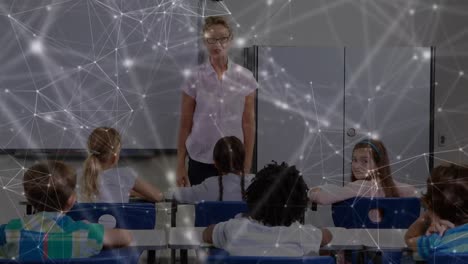 Animation-of-network-of-connections-over-caucasian-female-teacher-asking-questions-to-students