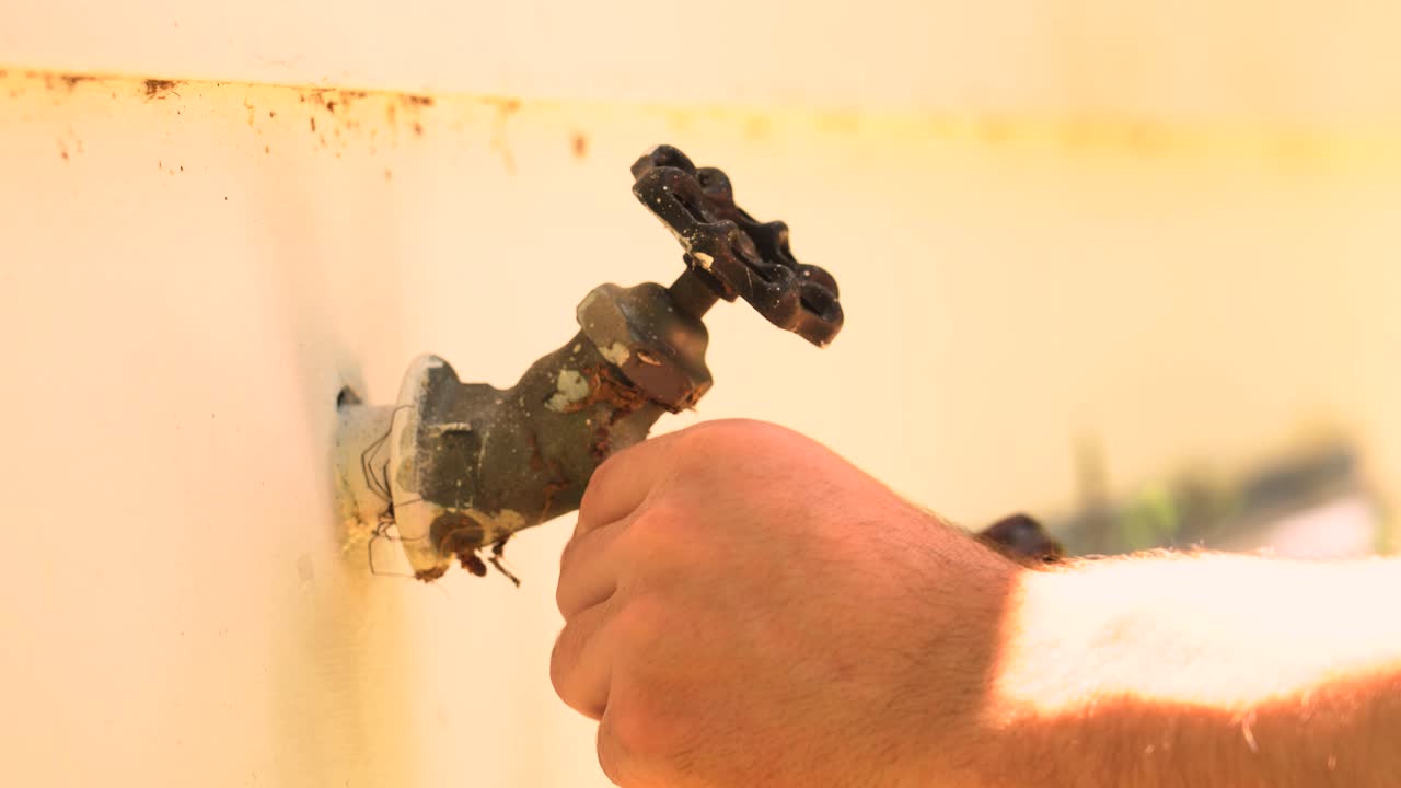 un hombre conecta una manguera a un grifo exterior de cerca